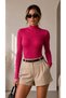 Women's Fuchsia Pink High Neck Backless Long Sleeve Stretchy Camisole Fabric Bady Suit Blouse - 4