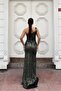 Velvet Fabric Asymmetrical Collar Sequined Evening Dress - 4