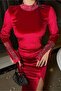 Satin Fabric Crew Neck Slit Evening Dress - 3