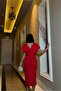 V-Neck Belted Short Sleeve Evening Dress - 4