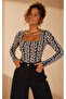 Women's Ecru-Black Patterned Square Neck Blouse Be510