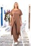 Brown Asymmetrical Short Sleeve Two-Piece Set