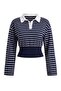 Lacivert Çizgili Regular Polo Yaka Düşük Kol Crop Regular İnce Örme Sweatshirt TWOAW27SW00052 - 4