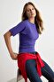 Purple Plain Fitted Crew Neck Three Quarter Sleeve Gathered Cotton Stretch Knitted T-Shirt Twoss26Ts00052