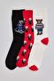Red-Ecru-Black Unisex Christmas Themed Teddy Bear Patterned 3-Pack Socks Tmnaw27Co00022