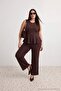 Kahverengi Selanik Düğmeli Belden Açılan Wide Leg/Palazzo Alt Örme Alt - Üst Takım TBBAW27CP00010 - 2