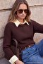 Wardrobe Essentials Kahverengi Kayık Yaka Fitilli Loose Fit Triko Kazak TWOAW27KZ00135 - 2