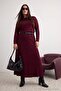 Bordo A-line Kayık Yaka Maxi Triko Kemerli Uzun Elbise TBBAW26AH00097