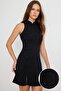 Siyah Bodycon/Vücuda Oturan Dik Yaka Çin Düğmeli Kısa / Mini Scuba Krep Örme Elbise TWOAW27EL00142 - 2