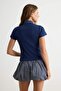 Lacivert Polo Yaka Fitted/Vücuda Oturan Crop Fitilli Esnek T-Shirt TWOAW27TS00032 - 4