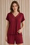 Women's Red Short-Sleeved V-Neck Lez Lace Viscose Shorts Set with Pockets 2-Piece Top and Bottom Pajama Set 94% Viscose 6% Elastane Knitted Fabric Ring Quality Comfortable Stylish Comfortable Home Wear Homewear