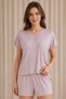 Women's Mink Short Sleeve V-Neck Lez Lace Viscose Shorts Set with Pockets 2-Piece Top and Bottom Pajama Set 94% Viscose 6% Elastane Knitted Fabric Ring Quality Comfortable Stylish Comfortable Home Wear Homewear