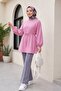Round Neck Tie-Waist Balloon Sleeve Tunic - Pink - 3