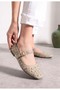 Daily Beige Women's Flat Shoes with Troc Heel, Single Strap, Gold Buckle, Suede Serrated Sole, Low Heel Shoes 349 - 2