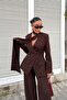 Coffee Shawl Detailed Waist-Fitted Jacket and Pants Women's Suit - 6