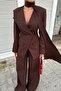 Coffee Shawl Detailed Waist-Fitted Jacket and Pants Women's Suit - 5
