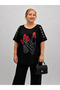 Plus Size Wide Collar Sleeves Stone Detailed Printed Stone Embroidered Short Sleeve Oversize Women's Blouse