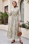 Hakim Collar Half Buttoned Mixed Patterned Polycotton Dress with Elastic Sleeves - Green - 5
