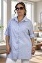 Tiny Stone Decorated Folding Sleeve Detailed Striped 100% Cotton Large Size Shirt - 6