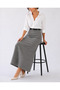 Belt-Detail Maxi Length Loose Gray Plaid Patterned Woven Skirt - 2
