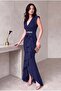 Women's Scuba Crepe Fabric Double-Breasted Neck Belted Ruffled Stone Navy Evening Graduation Wedding Dress - 3