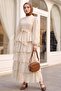 Belted Lined Skirt Layered Embroidered Buttoned Chiffon Dress -Beige - 3