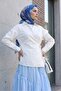 Side Tie Stone Detailed Double Breasted Collared Poplin Shirt - Cream - 3