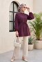 Round Neck Tie-Waist Balloon Sleeve Tunic - Burgundy - 4
