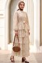 Belted Lined Skirt Layered Embroidered Buttoned Chiffon Dress -Beige - 4