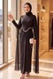 High Collar Stone Detailed Chiffon Cape Lined Glitter Jersey Evening Dress - Black - 4