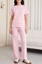 Heart Patterned Crew Neck Short Sleeve Combed Cotton Pajama Set -Pink - 4