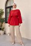 Cape Detailed Belted Voile Tunic -Red - 5