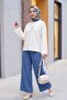 Elastic Waist Wide Leg Pleated Linen Look Trousers -Indigo - 5