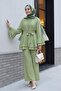 Cuff Sleeves, Flared Wide Leg Pants, Belted Jacquard Gofre Suit - Pistachio Green - 3