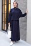 Crew Neck Bat Sleeve Oversized Elastic Skirted Combed Cotton Suit - Dark Blue - 4