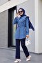 Double-Layered Ruffled Collar, Buttoned Waist, Lace-Up Linen Look Tunic -Indigo - 3