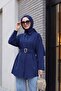 Poplin Tunic with Buckle Belt, Double Cuff Sleeves and Hidden Buttons - Dark Blue