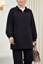 Half Zipper High Neck Combed Cotton Suit - Black - 3