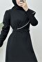 Stone Embroidered Belted Crepe Dress -Black - 5