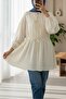 Shirt with Tie Front and Elastic Sleeves -Ecru