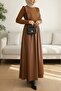 Top knit front ruffled leather dress - tan