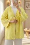 Fringed Single Button Square Patterned Kimono -Yellow