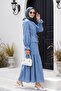 Buttoned Front, Elastic Sleeves, Tunnel Lacing, Linen Look Suit - Blue - 3