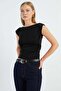 Side Draped Boat Neck Blouse - 4