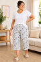 Patterned Combed Cotton Below Knee Plus Size Mother Women's Capri Blue&Beige Butterfly Patterned
