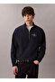 Men's Brand Logo Cotton Blended Half Zipper Stylish Navy Blue Sweatshirt