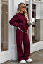Burgundy Long-Sleeved Buttoned Polo Collar Women's Tracksuit Set Sh392