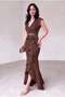 Women's Scuba Crepe Fabric Double-Breasted Collar Skirt Flared Belt Stone Brown Evening Dress Graduation Wedding Dress - 2