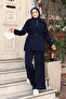 Women's Oversize Cut Zippered Collar Waist Stopper Modal Suit 1234 Navy Blue - 5