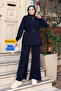 Women's Oversize Cut Zipper Collar Drawstring Waist Modal Suit 3222 Navy Blue